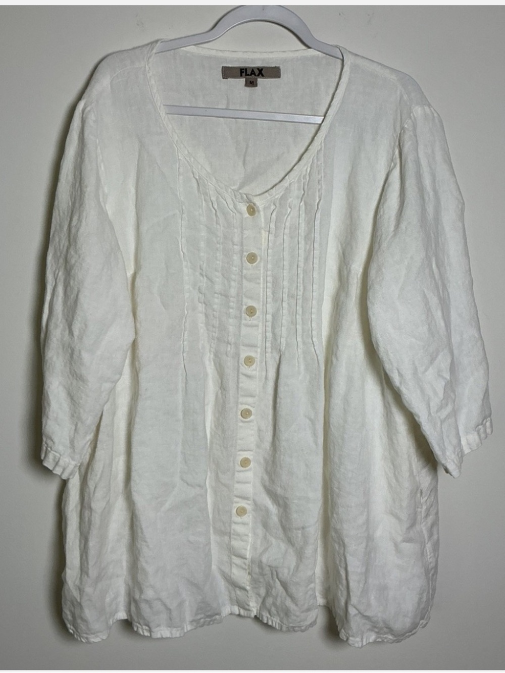 Flax Linen Button-Front Pintuck Shirt Tunic White Medium